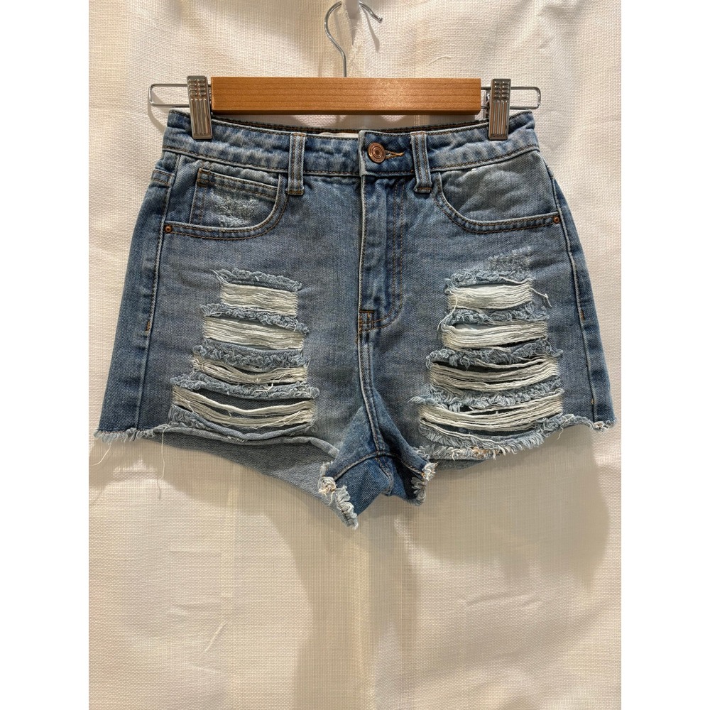 Denim‎ Co Blue Distressed High Waisted Denim Shorts Light Wash Size 2